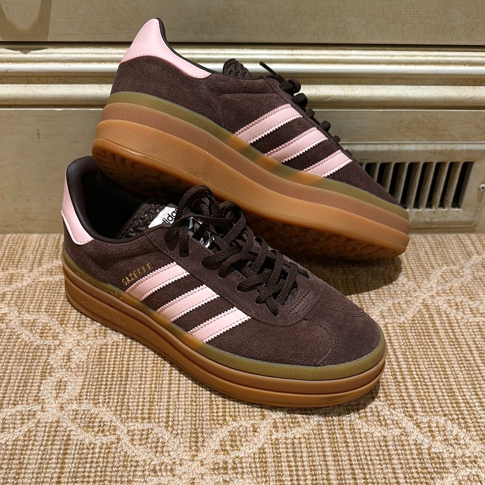 adidas Brown Suede Sneakers with Pink Stripes